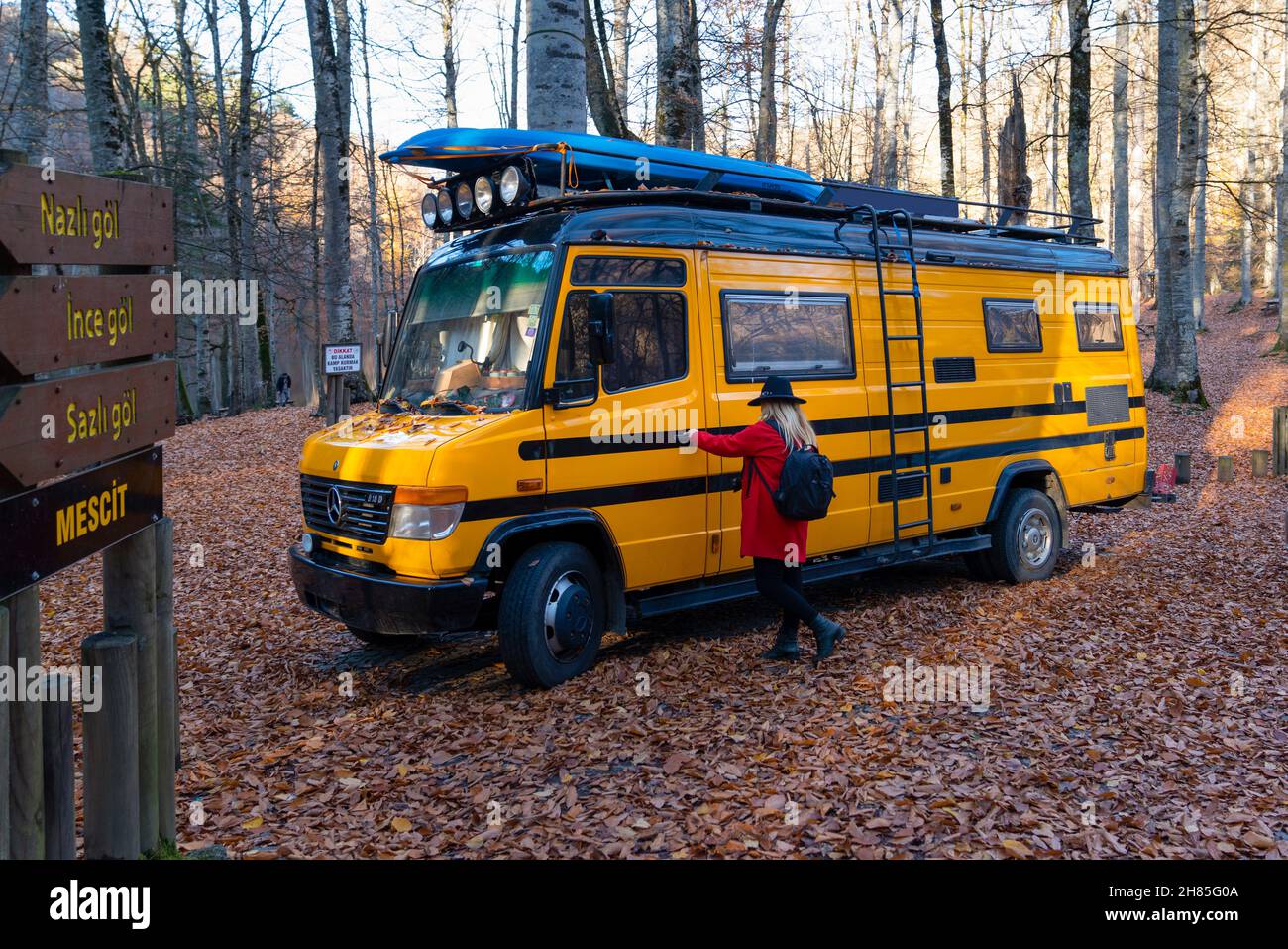 Bolu Turkey November 11 2021 Orange Colored Caravan Parked In A Bolu Turkey November 11 2021 Orange Colored Caravan Parked In A