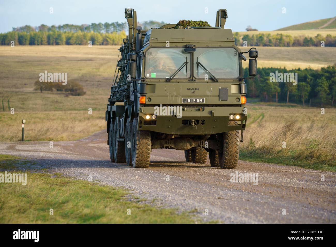 Fully laden British army MAN SV 8x8 EPLS logistics truck driving an
