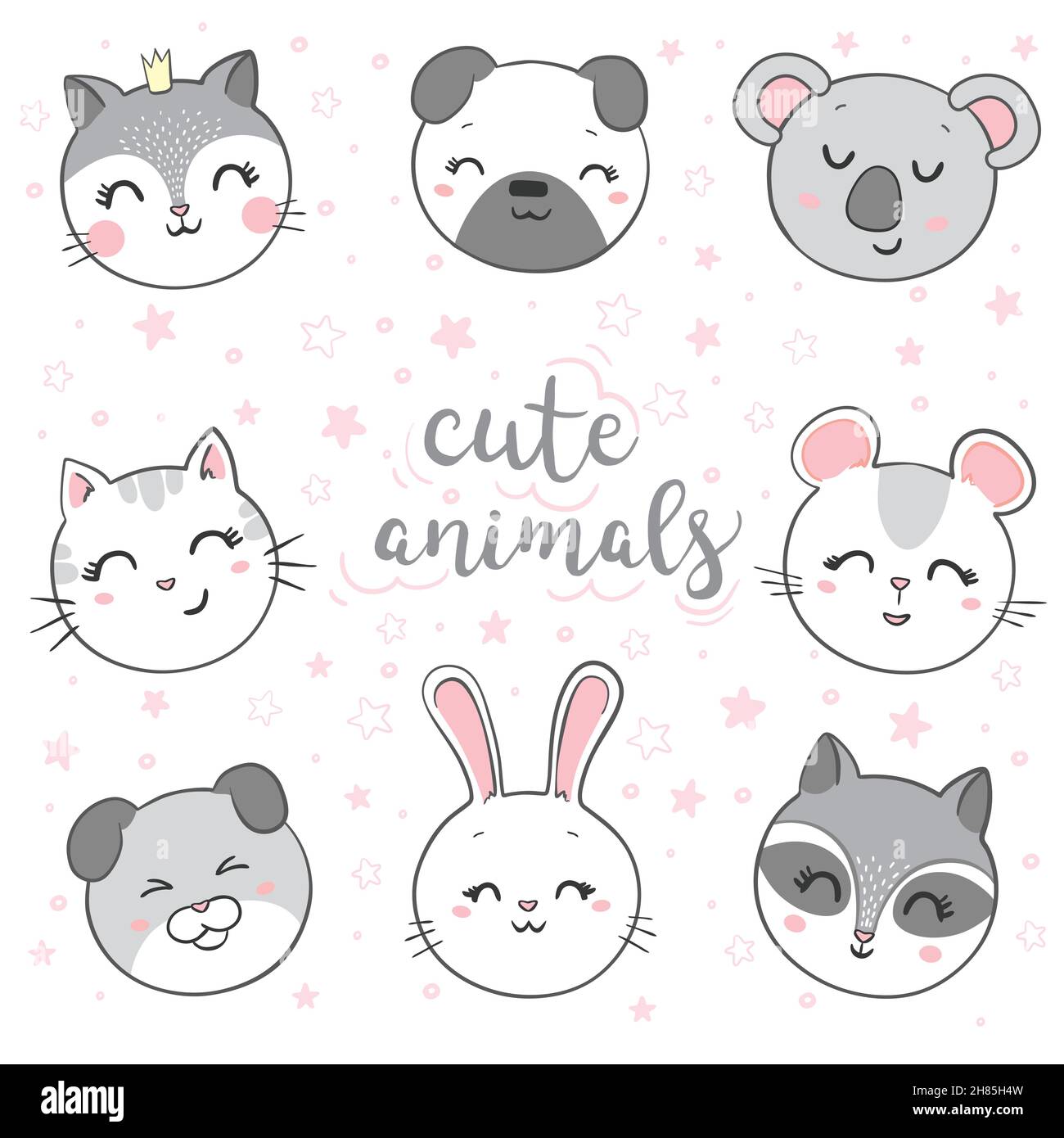 Vector illustration of a set of cute animals including cat, dog, koala ...