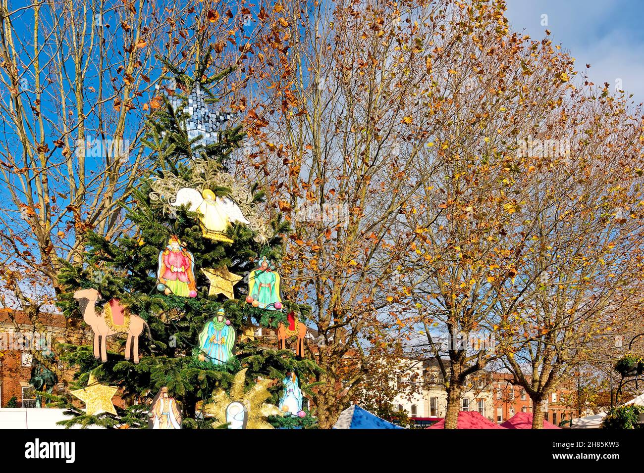 Salisbury, Wiltshire, UK November 23 2021 A Christmas tree in Salisbury Market Place, the