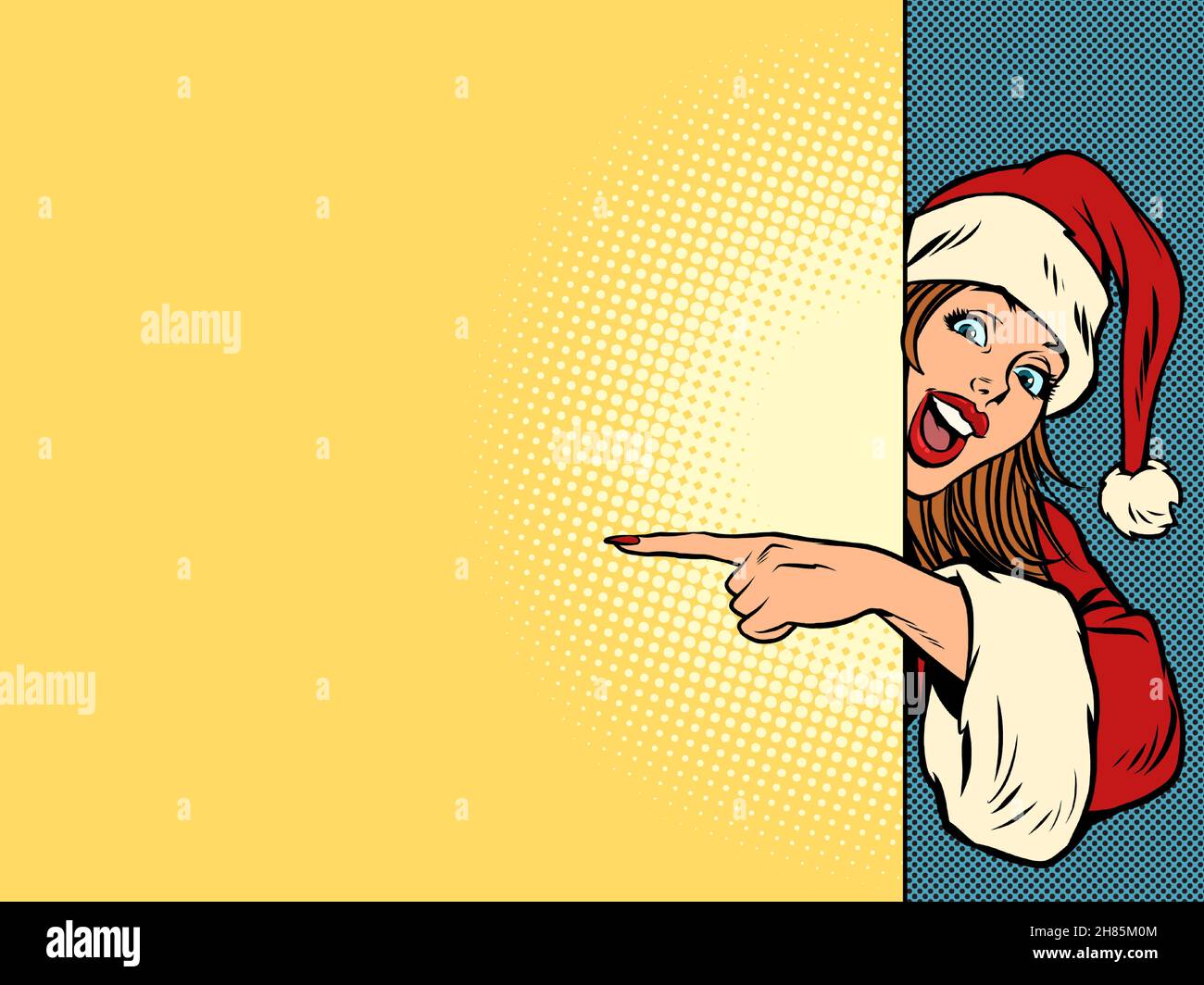 A female Santa Claus points to an empty space for a poster. Christmas and New Year. Winter seasonal holiday Stock Vector