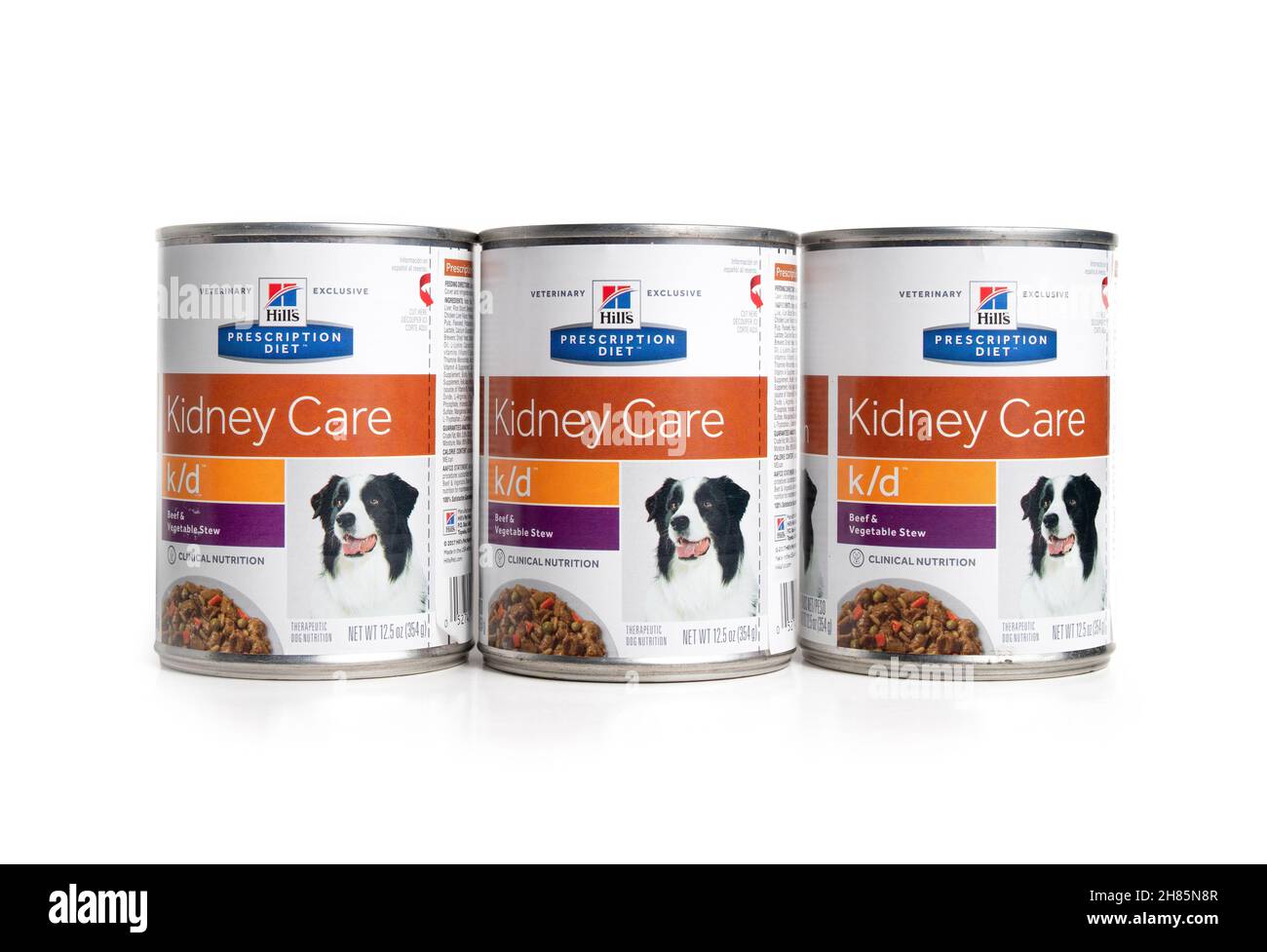 VANCOUVER, CANADA - NOVEMBER 25, 2021: Hill's kidney care dog food cans. Three pet food cans formulated for animals with kidney problems or chronic ki Stock Photo