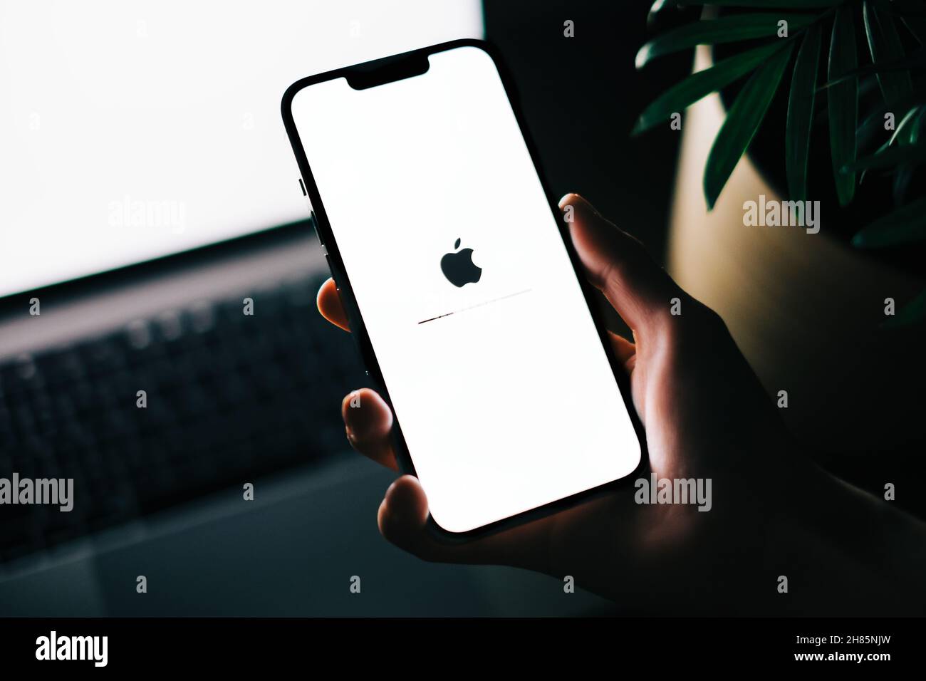 Hand hold the iPhone 13 pro with iOS firmware update process on the ...
