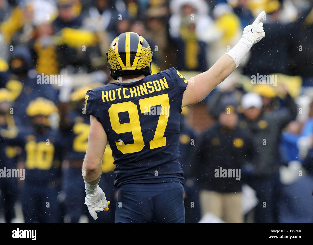 Ann Arbor, United States. 27th Nov, 2021. Michigan Wolverines Aiden Hutchinson reacts after a against the Ohio State Buckeyes in Ann Arbor, Michigan on Saturday, November 27, 2021. Photo by Aaron Josefczyk/UPI Credit: UPI/Alamy Live News Stock Photo