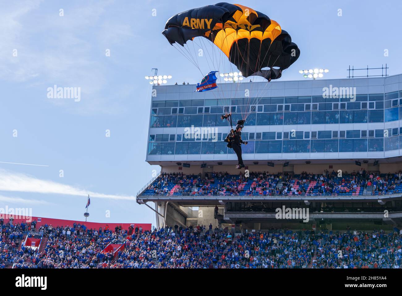 Sgt. 1st Class James Hackett of the U.S. Army Parachute Team lands his