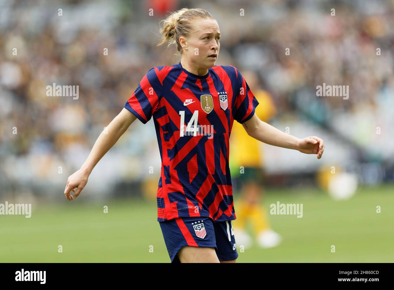 Emily Sonnett of the United States looks on during game one of the series  international friendly series between the Australia Matildas and the United  States of America Women's National Team at Stadium