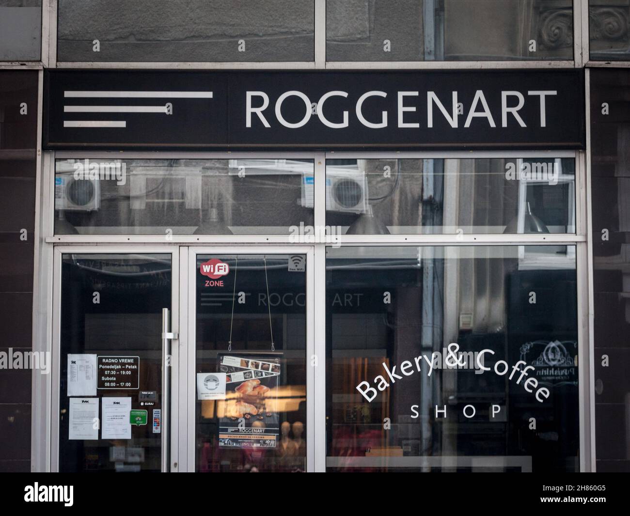 Picture of the Roggenart sign with their logo on their shop in Belgrade. Roggenart is a multinational brand from Austria, specialized in bakery and wh Stock Photo