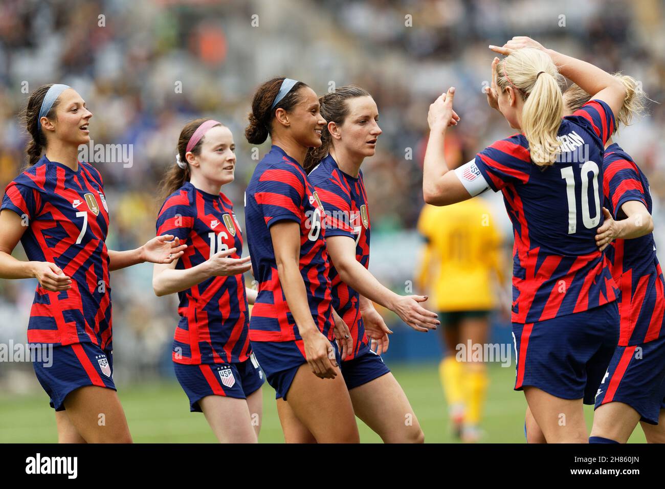 The United States team celebrate a goal during game one of the series ...