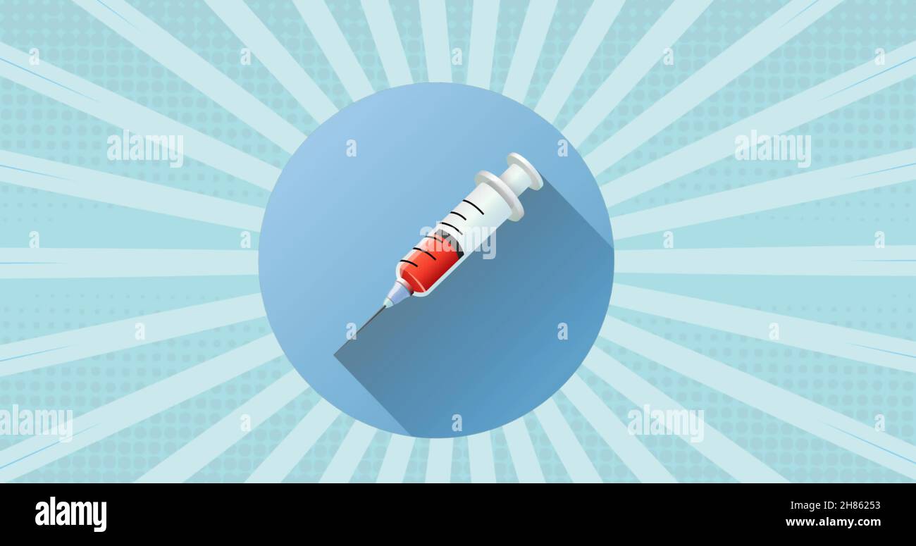 Digital image of syringe icon over rund banner against blue radial background Stock Photo