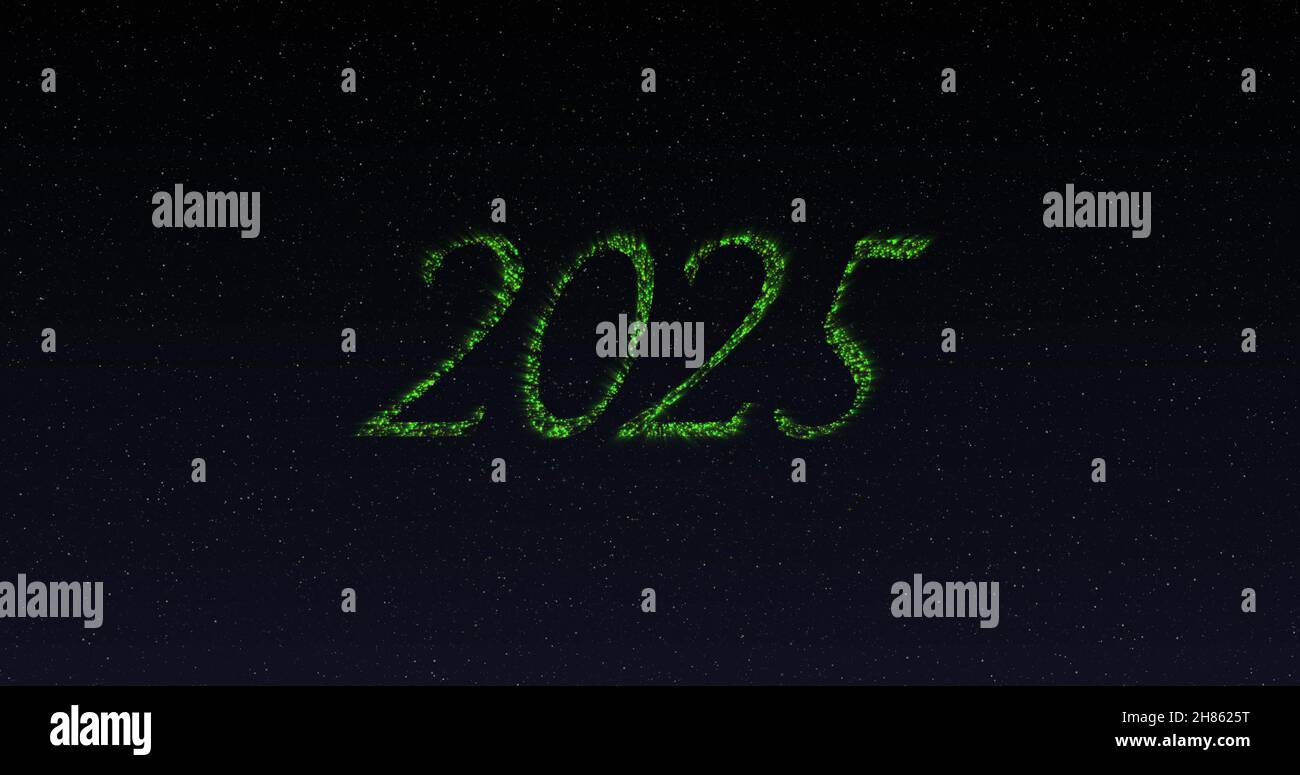 Image of 2025 in shimmering green letters and fireworks Stock Photo - Alamy