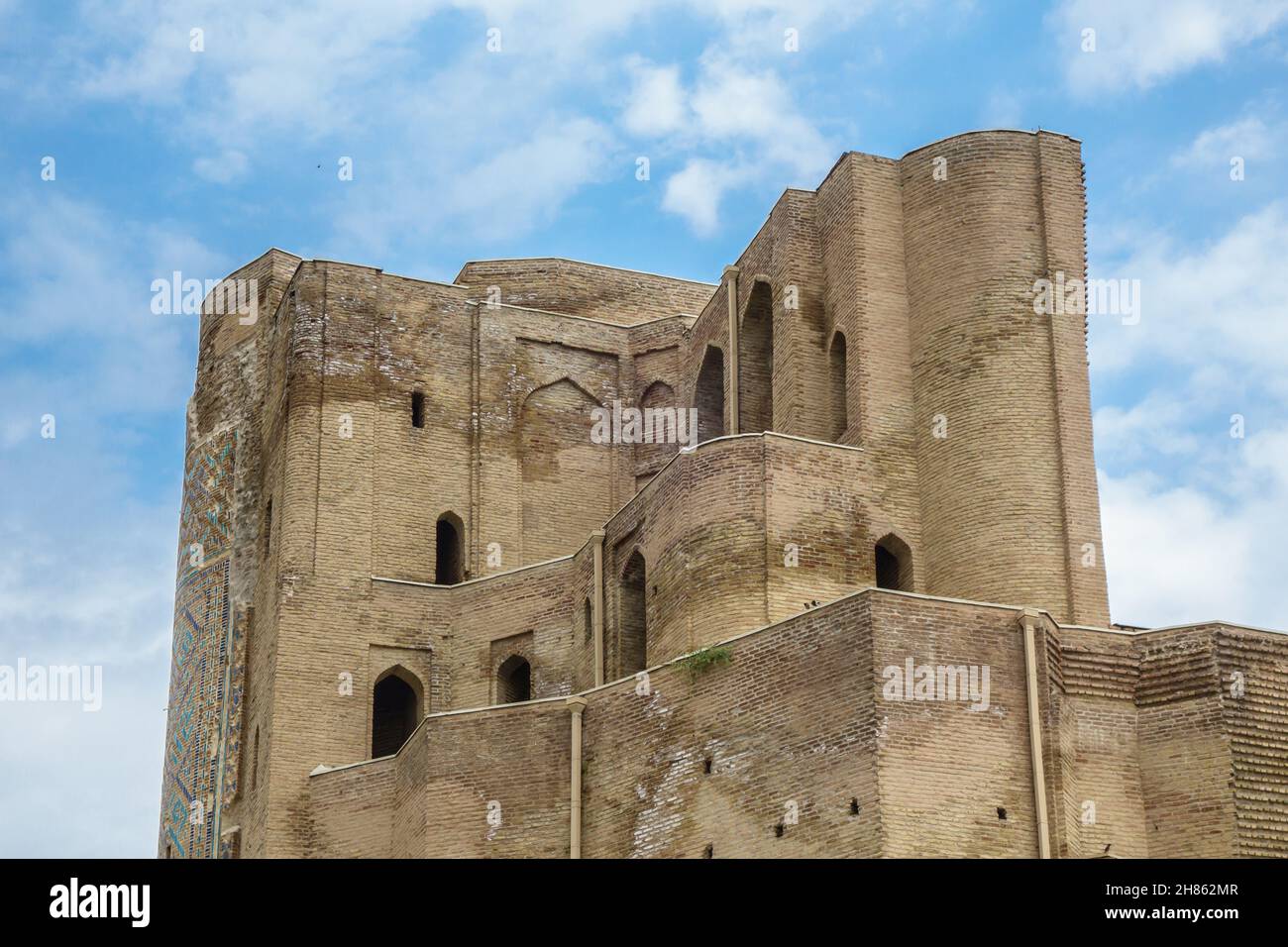 Upper part of pylon of gate of Ak Saray palace, with labyrinth of entrances and exits. Building was built at beginning of XV for Timur (Tamerlane). UN Stock Photo