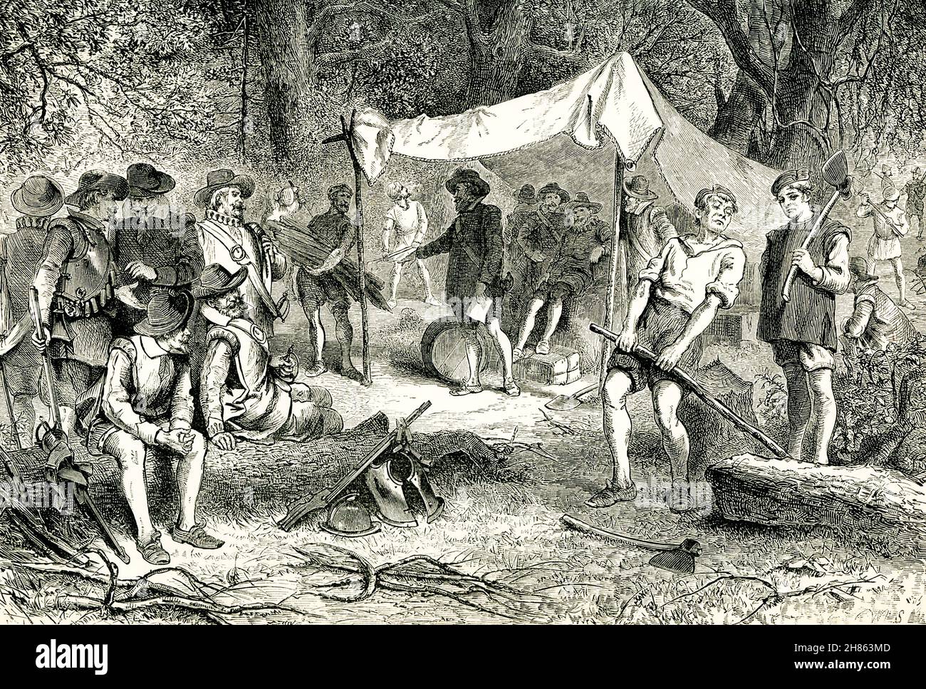 Jamestown, Virginia, was the first permanent English settlement in America. It was founded on May 13, 1607. This late 1890 illustration shows the settlers on the first day there—according to what was known and understood about the colony in the late 1800s. Stock Photo