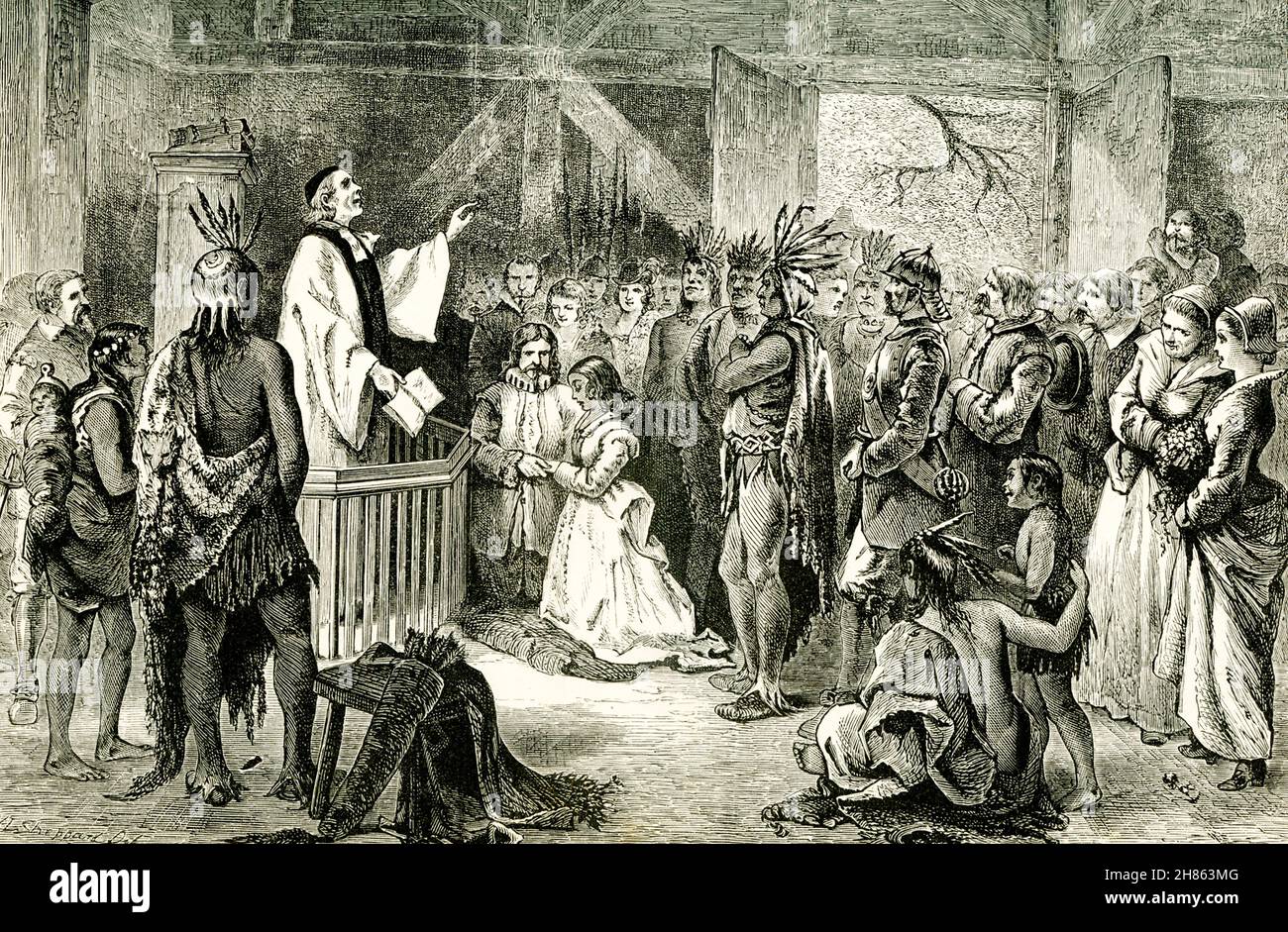 This 1890i illustration shows the marriage of Pocahontas to English tobacco planter John Rolfe in Jamestown, Virginia, in 1614. English Captain John Smith guided the colonists through difficult times in the Jamestown settlement of 1607. According to Mattaponi oral history, little Matoaka was possibly about 10 years old when John Smith and English colonists arrived in Tsenacomoca in the spring of 1607. John Smith was about 27 years old. They were never married nor involved.. Stock Photo