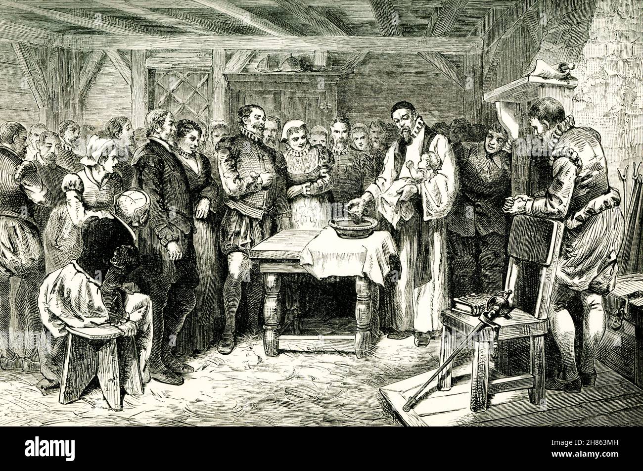 This 1890 illustration shows the baptism of Virginia Dare. Virginia Dare was the first English child born in August 1587 in a New World English colony - Roanoke. What became of Virginia and the other colonists remains a mystery. The fact of her birth is known because John White, Virginia's grandfather and the governor of the colony, returned to England in 1587 to seek fresh supplies. Stock Photo