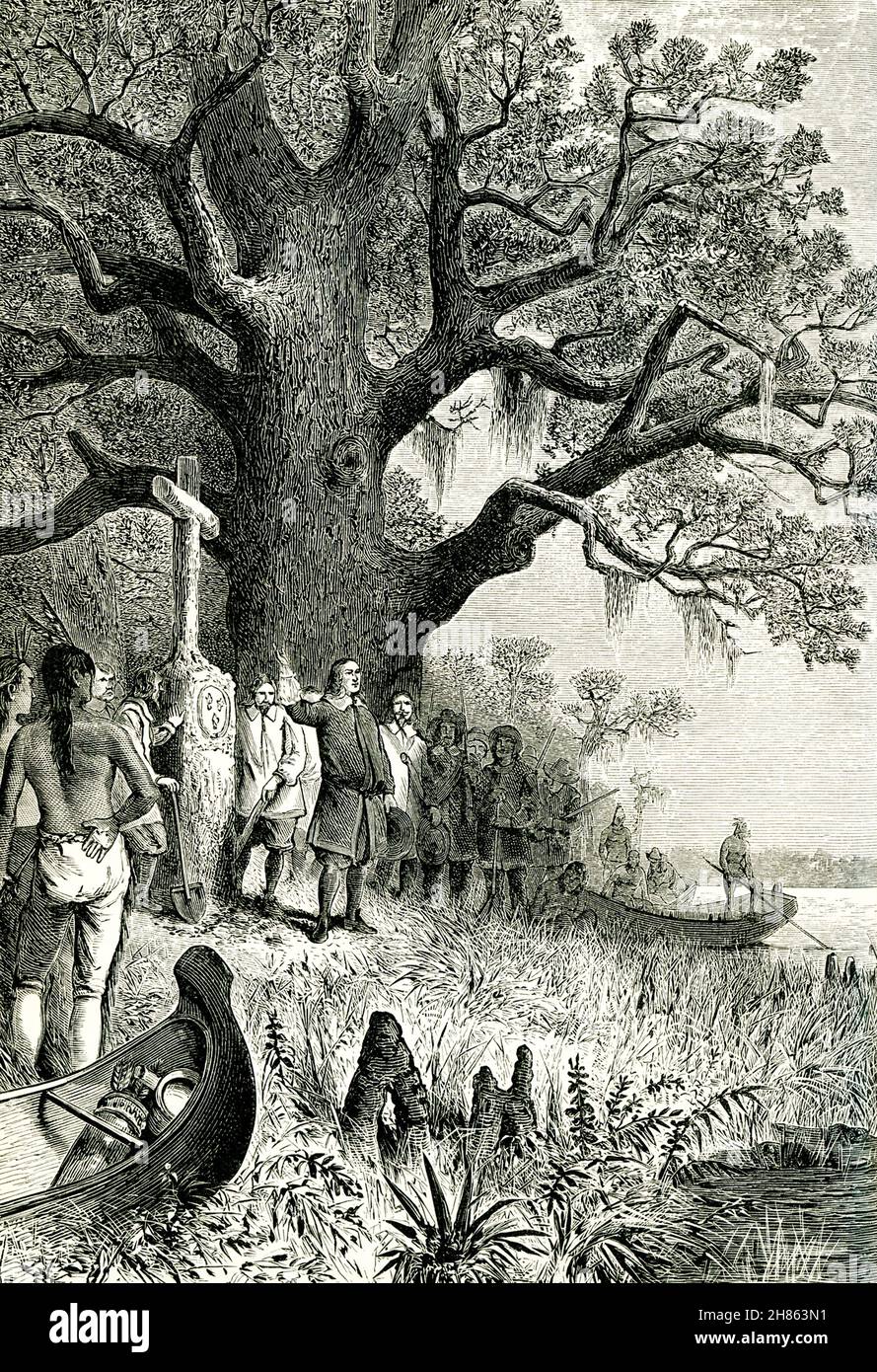 This 1890 illustration shows LaSalle proclaiming French Empire in America. René-Robert Cavelier, Sieur de La Salle was a 17th-century French explorer and fur trader in North America. He explored the Great Lakes region of the United States and Canada, the Mississippi River, and the Gulf of Mexico. ed an expedition down the Illinois and Mississippi rivers and claimed all the region watered by the Mississippi and its tributaries for Louis XIV of France, naming the region “Louisiana.” Stock Photo