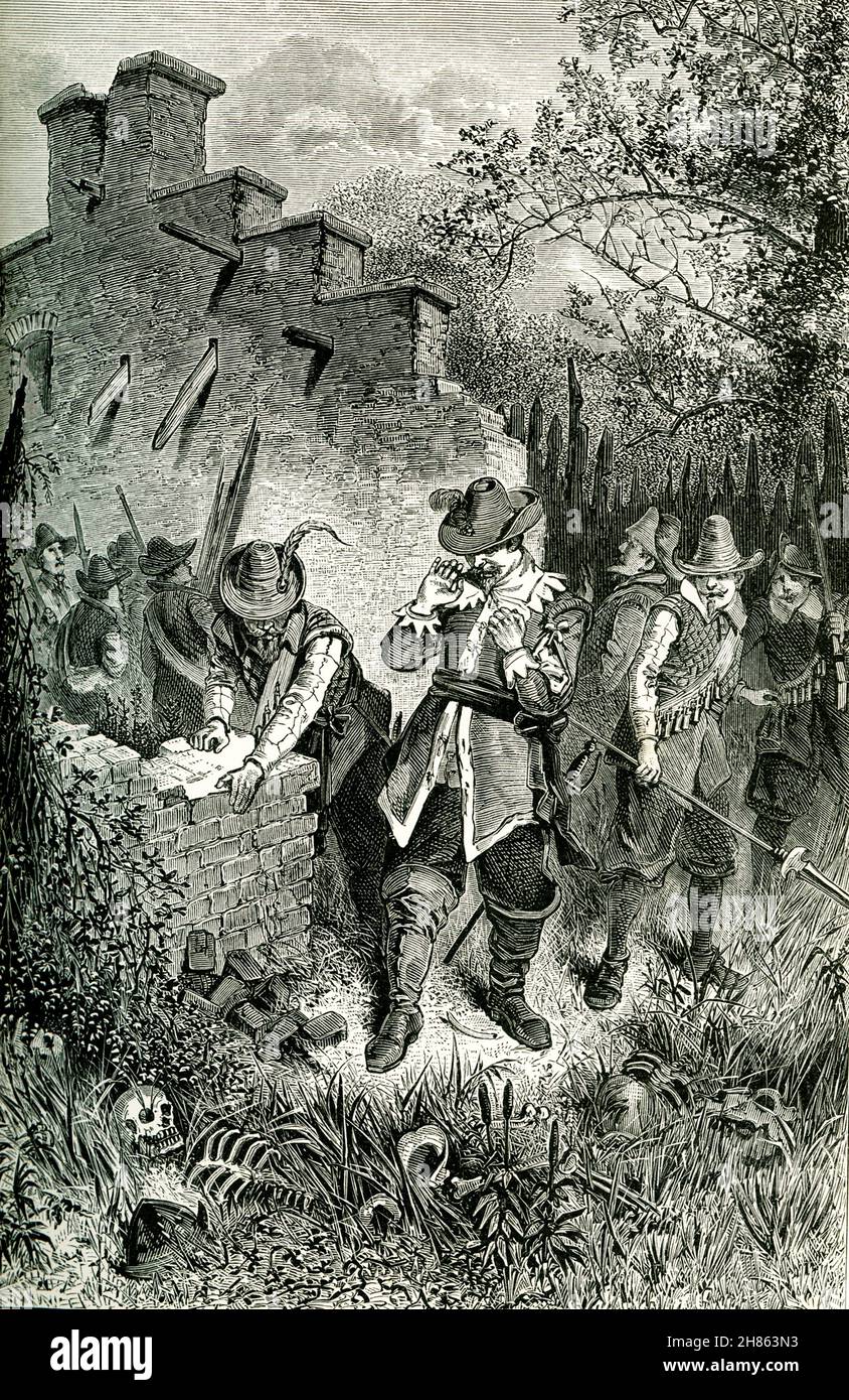 This 1890 illustration shows the discovery of LaSalle’s ruined settlement. René-Robert Cavelier, Sieur de La Salle was a 17th-century French explorer and fur trader in North America. He explored the Great Lakes region of the United States and Canada, the Mississippi River, and the Gulf of Mexico. ed an expedition down the Illinois and Mississippi rivers and claimed all the region watered by the Mississippi and its tributaries for Louis XIV of France, naming the region “Louisiana.” A few years later, in a luckless expedition seeking the mouth of the Mississippi, he was murdered by his men. Stock Photo