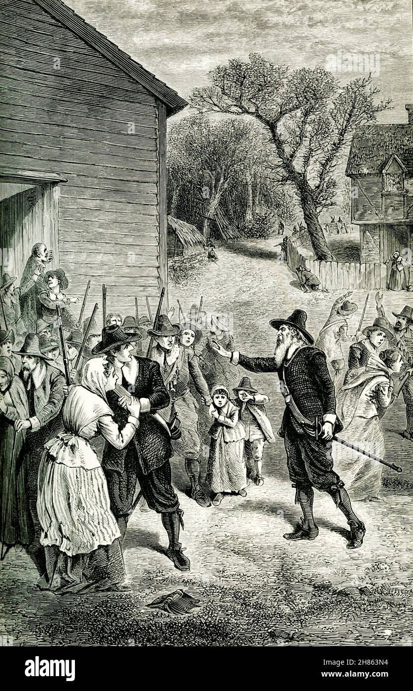 Goffe rallying men of Hadley: According to legend, an Indian attack struck the town of Hadley in Massachusetts in September of 1675 while the inhabitants were at worship. When the alarm was raised, men grabbed their weapons and ran out to meet the attack. Completely disorganized, confused and afraid, many of them unarmed, the settlers of Hadley were in no way prepared to defend themselves. The utter annihilation of the town seemed imminent. In the midst of this chaos appeared an elderly man carrying an old sword. He coolly placed himself in command, rallied the settlers, and quickly instructed Stock Photo