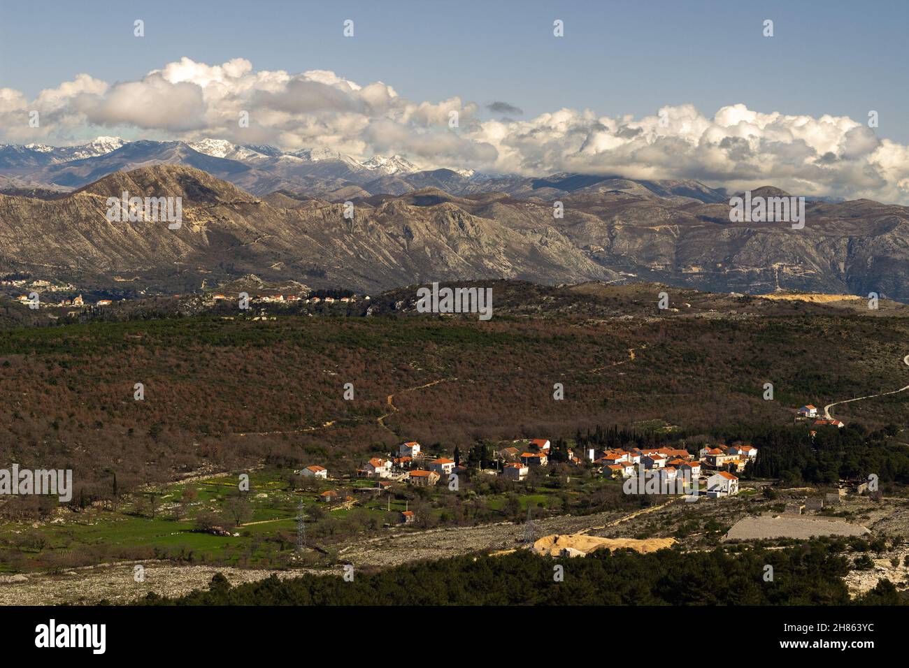 A scenic valley with a mountainscape in the background, Dubrovnik, Croatia Stock Photo