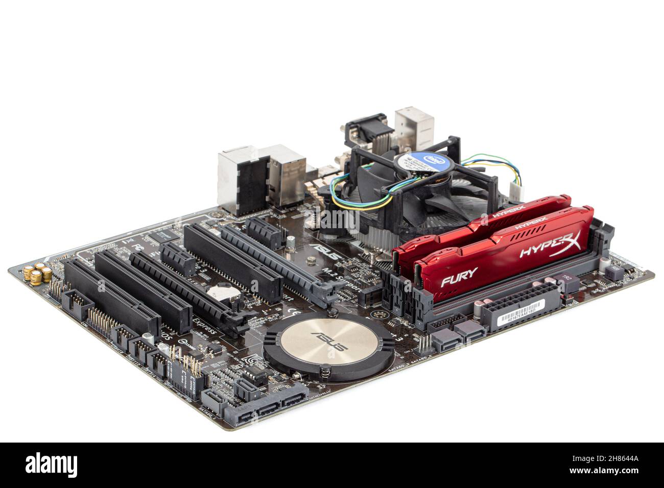 Сomputer motherboard board Asus H97-PRO lga 1150, with a central processor  fan and RAM brackets, isolated on white background Stock Photo - Alamy