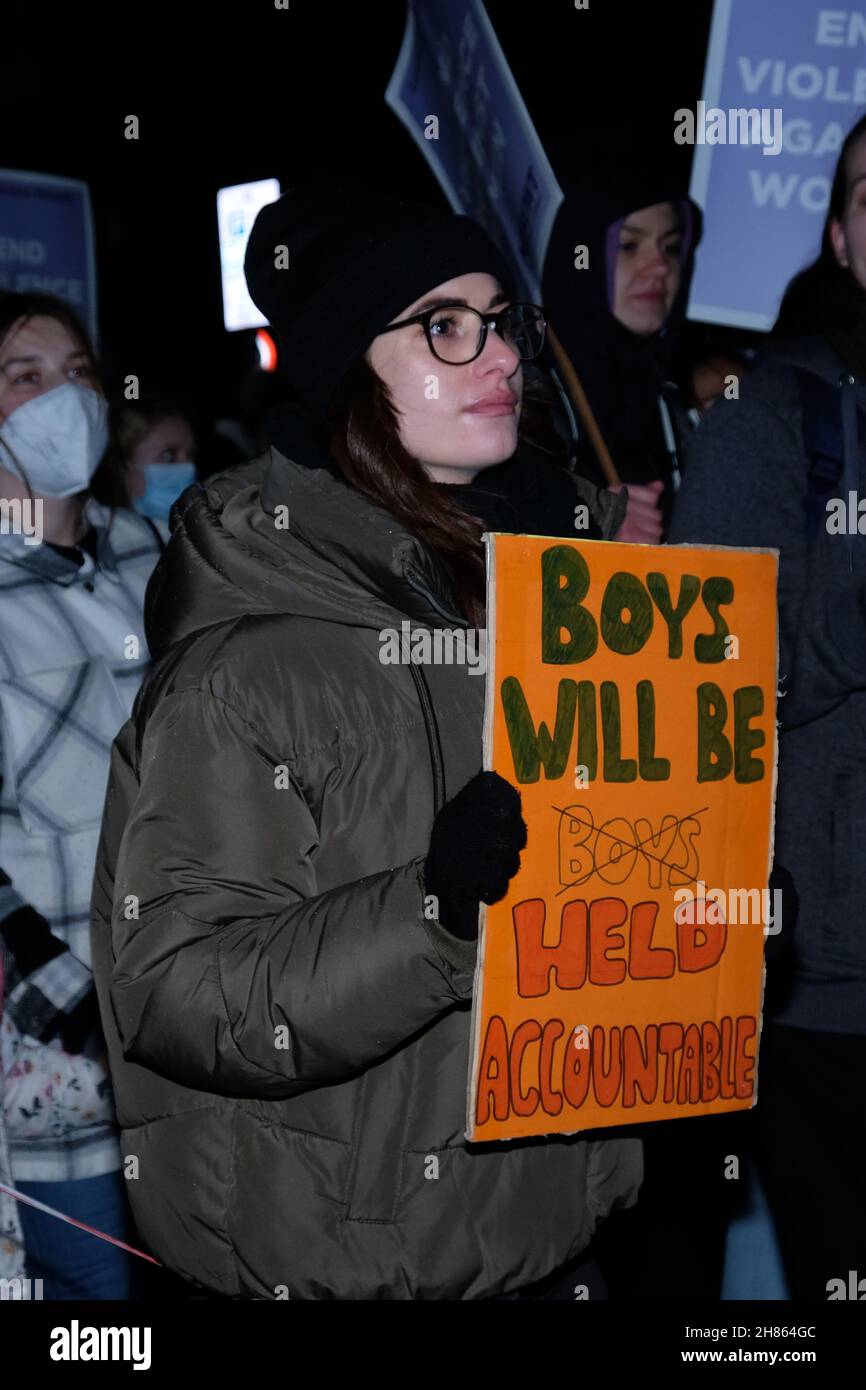 London, UK, 27th Nov, 2021.  The annual 'Reclaim the Night' women's-only march is held to protest all forms of male violence against women.  This year, UK police recorded a 7% rise in recorded domestic abuse crimes and the murders of Sarah Everard and Sabina Nessa calls into question, women's safety on the UK's streets. The first march in 1977 took place in reaction to women being asked by police to stay at home following 13 murders by Peter Sutcliffe, dubbed the Yorkshire Ripper, with anger at women being subjected to a curfew. Credit: Eleventh Hour Photography/Alamy Live News Stock Photo