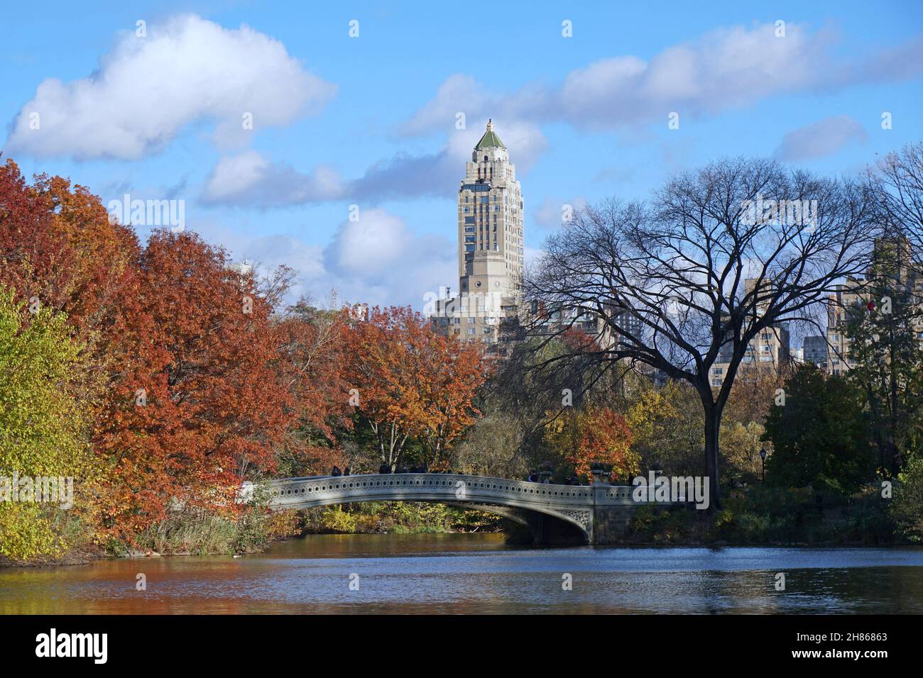 New York, Central Park Lake with Bow Bridge and fall foliage on trees ...