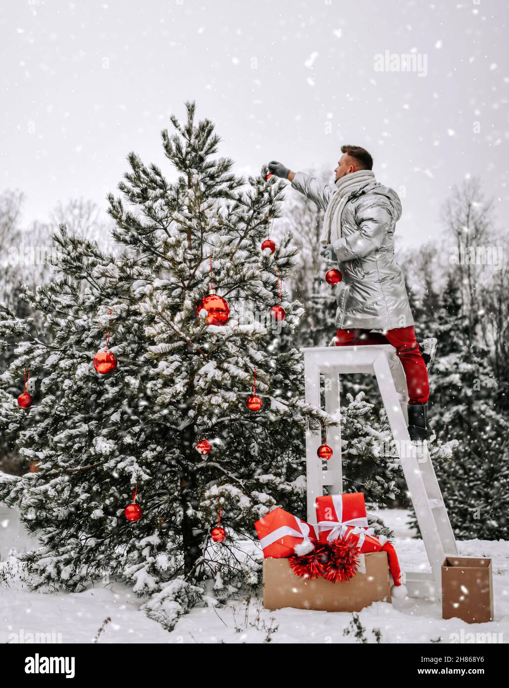 Young man in stylish silver jacket standing on stool and decorating Christmas tree with balls outdoors Stock Photo