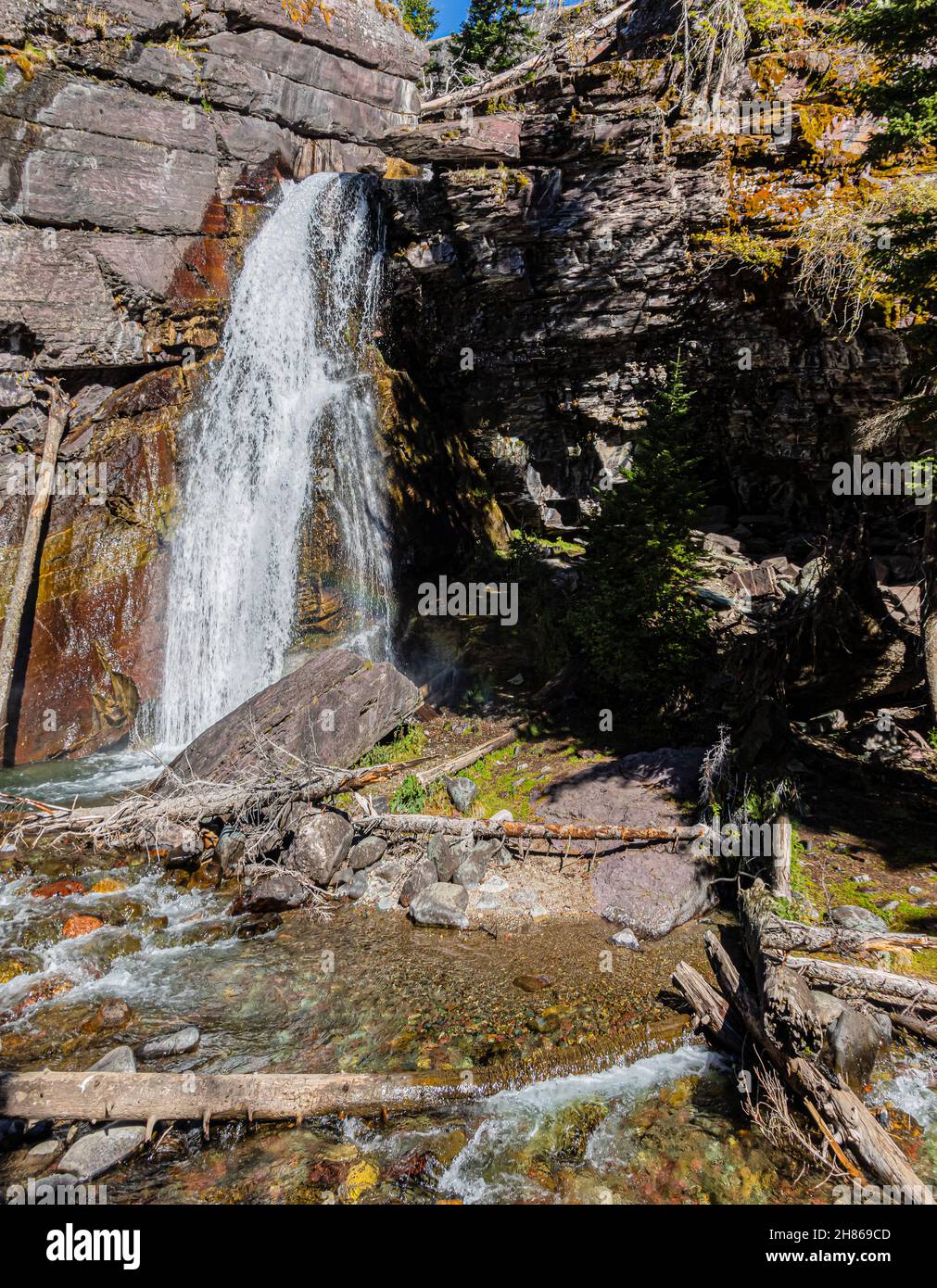 Baring Creek Flows Over Baring Falls, Glacier National Park, Montana, USA Stock Photo