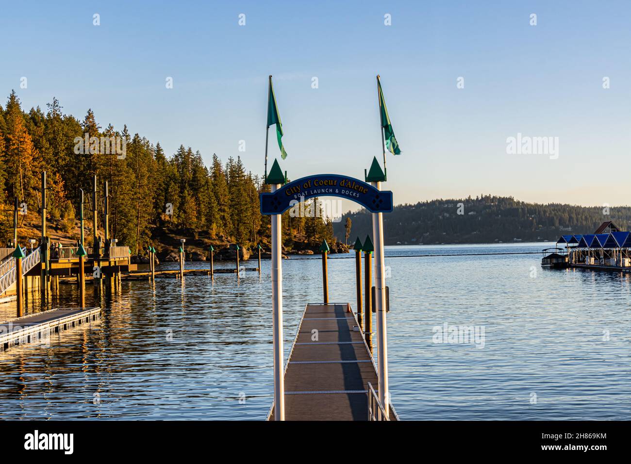 Blue Boat Slips At Marina on Lake Coeur d' Alene, Coeur d'Alene, Idaho, USA Stock Photo