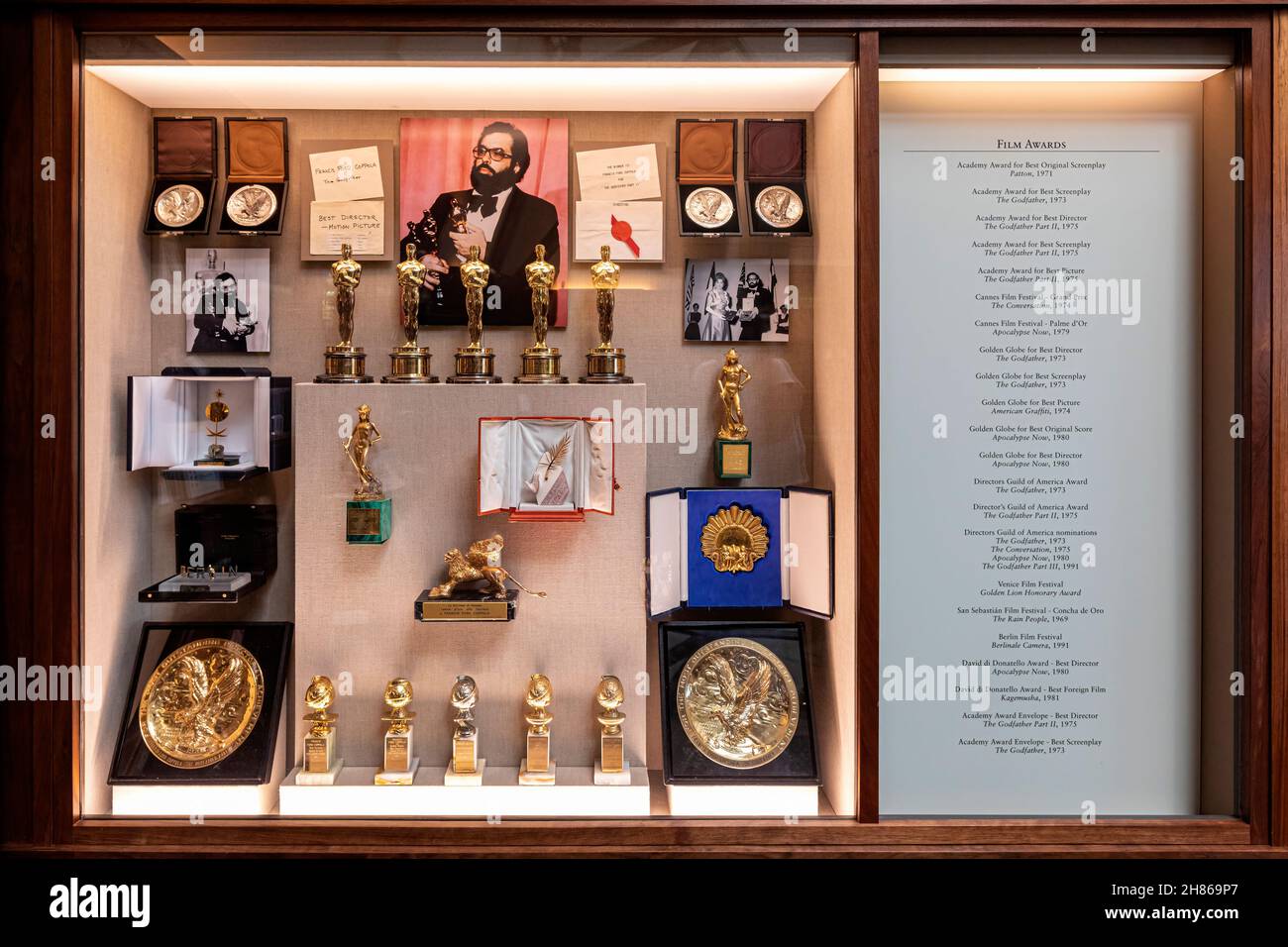 Award Display Case, Francis Ford Coppola Winery, Geyserville, Northern California, USA Stock Photo