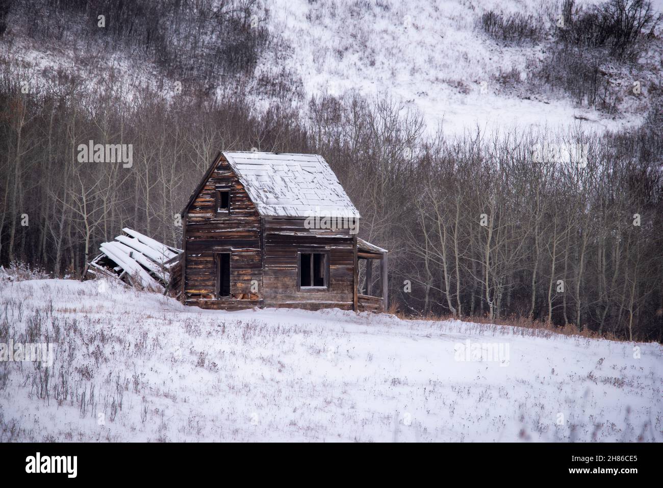 Old abandoned Canadian farmhouse in winter. Stock Photo