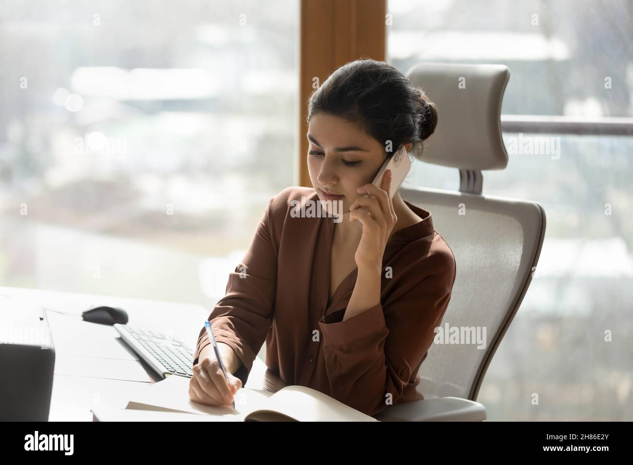 Concentrated young indian woman working in modern office. Stock Photo