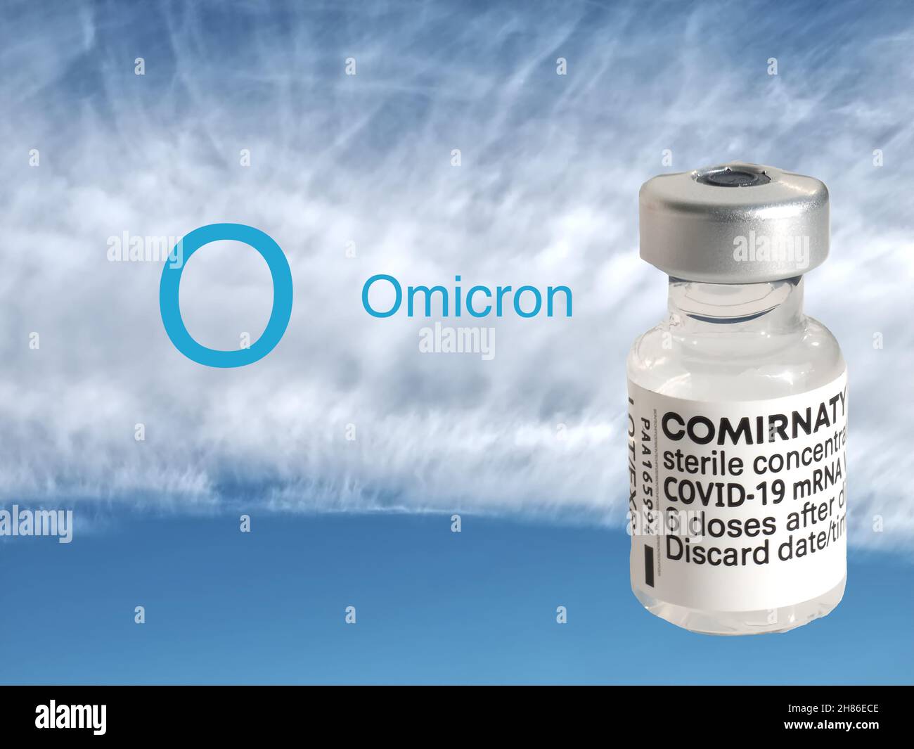 Omicron symbol with Biontech Fizer Vaccine Stock Photo