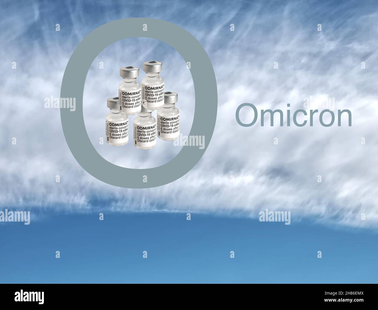 Omicron symbol with Biontech Fizer Vaccine Stock Photo