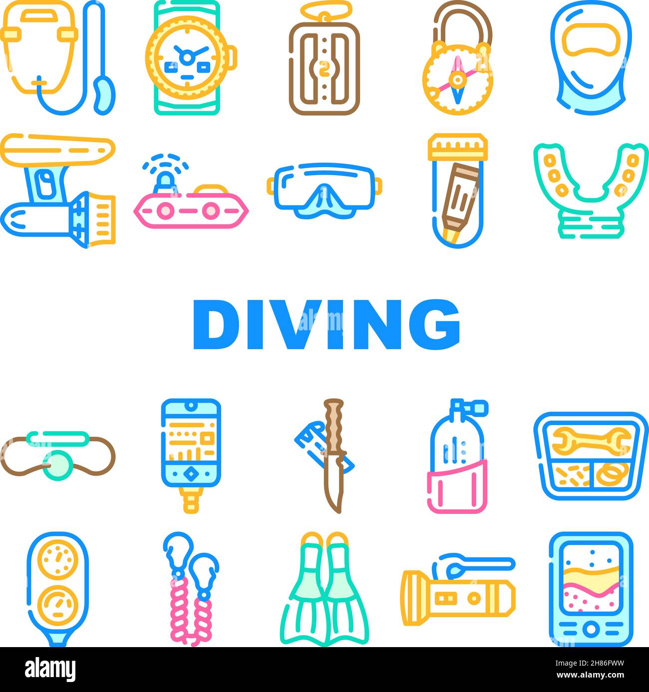 Diving Equipment And Accessories Icons Set Vector Stock Vector Image ...