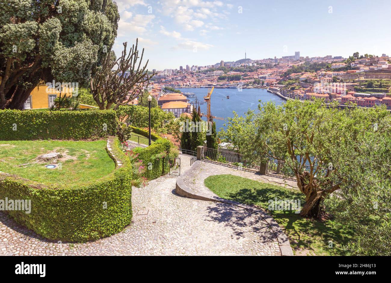 View of the Douro River and walking alleys of park from the Cristal Palace Gardens or Jardins do Palaio de Cristal. Porto, Portugal. Stock Photo
