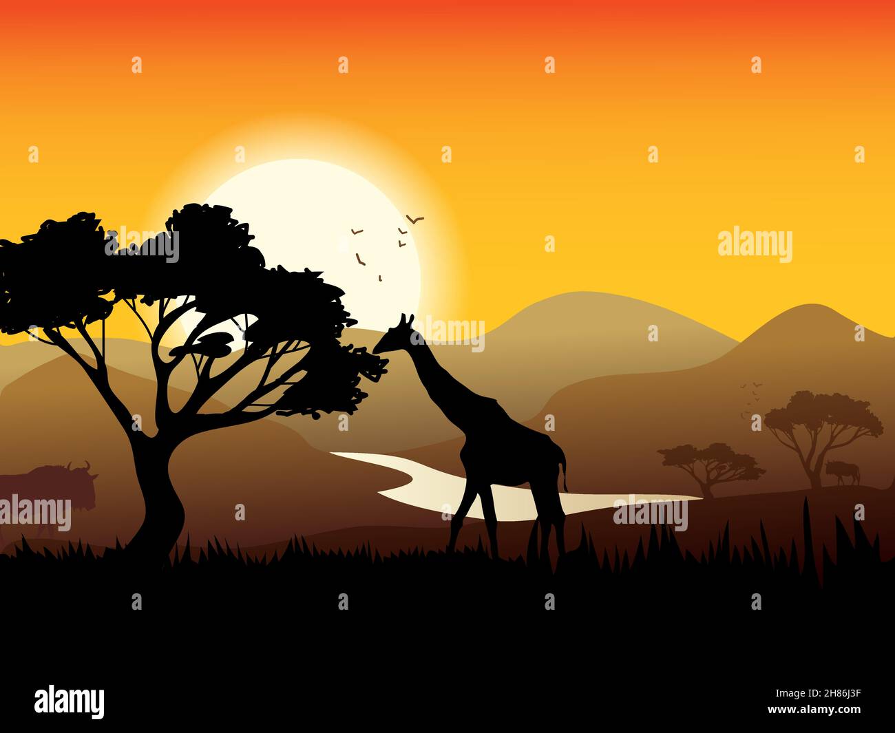African landscape poster with acacia tree giraffe and sunset on background vector illustration Stock Vector