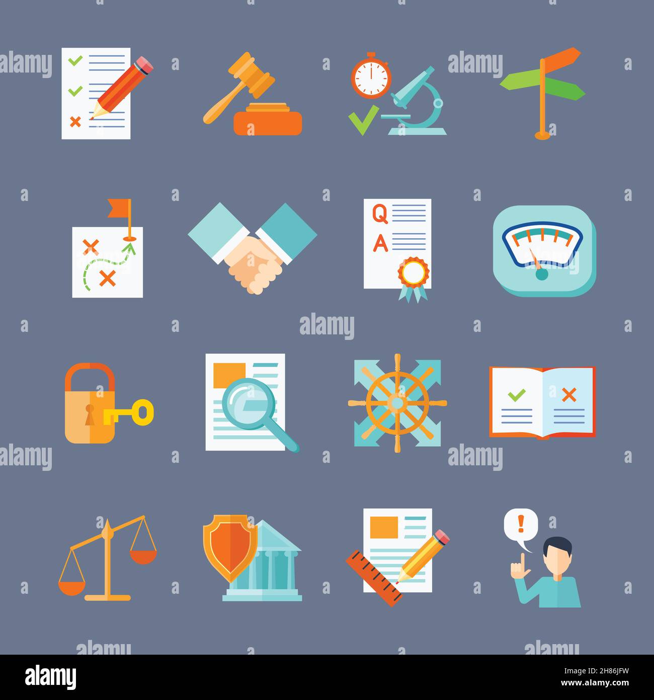 Legal compliance deal protection and copyright regulation flat icons set isolated vector illustration Stock Vector