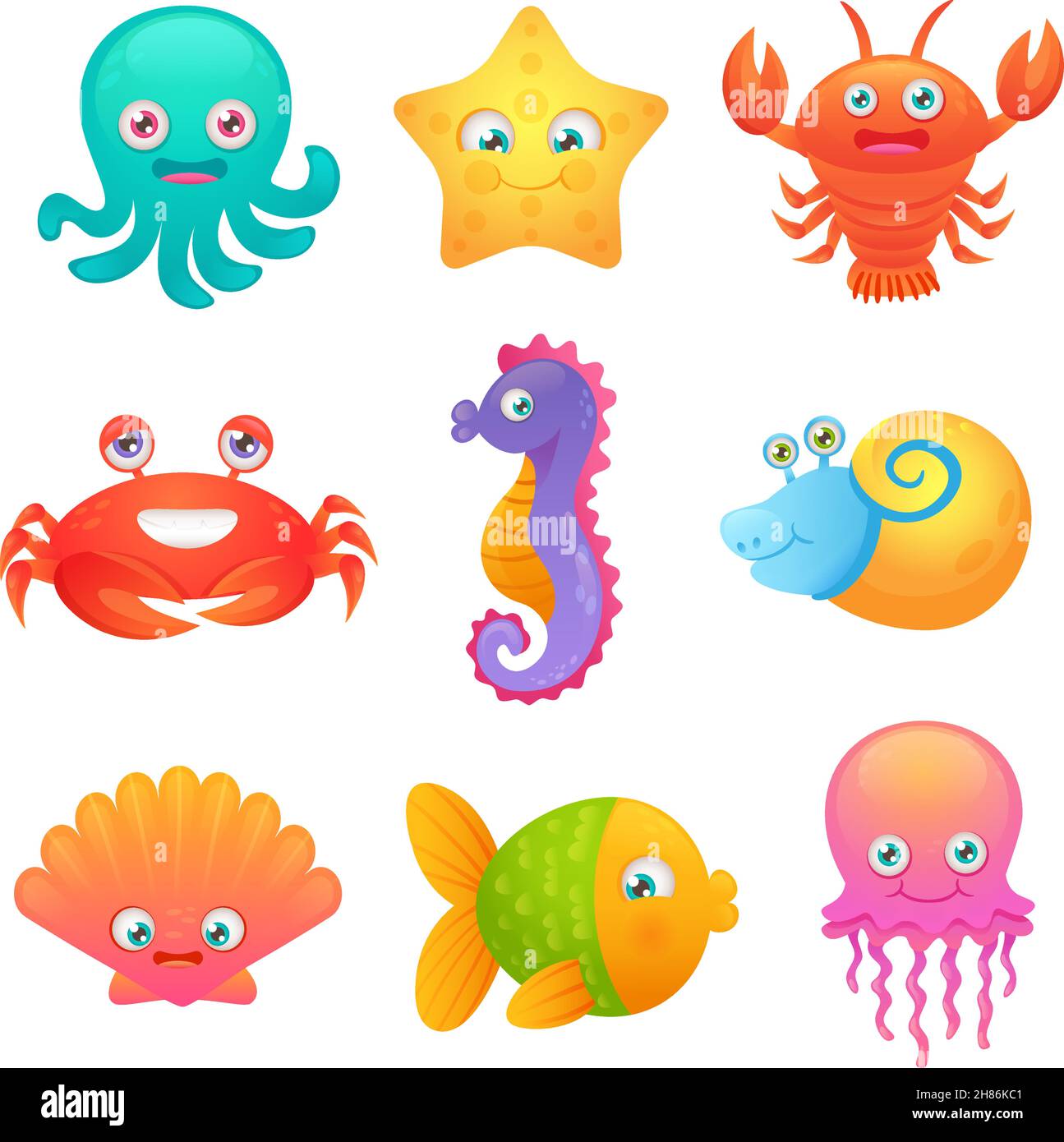 Cute sea life creatures cartoon animals set with fish octopus jellyfish isolated vector illustration Stock Vector