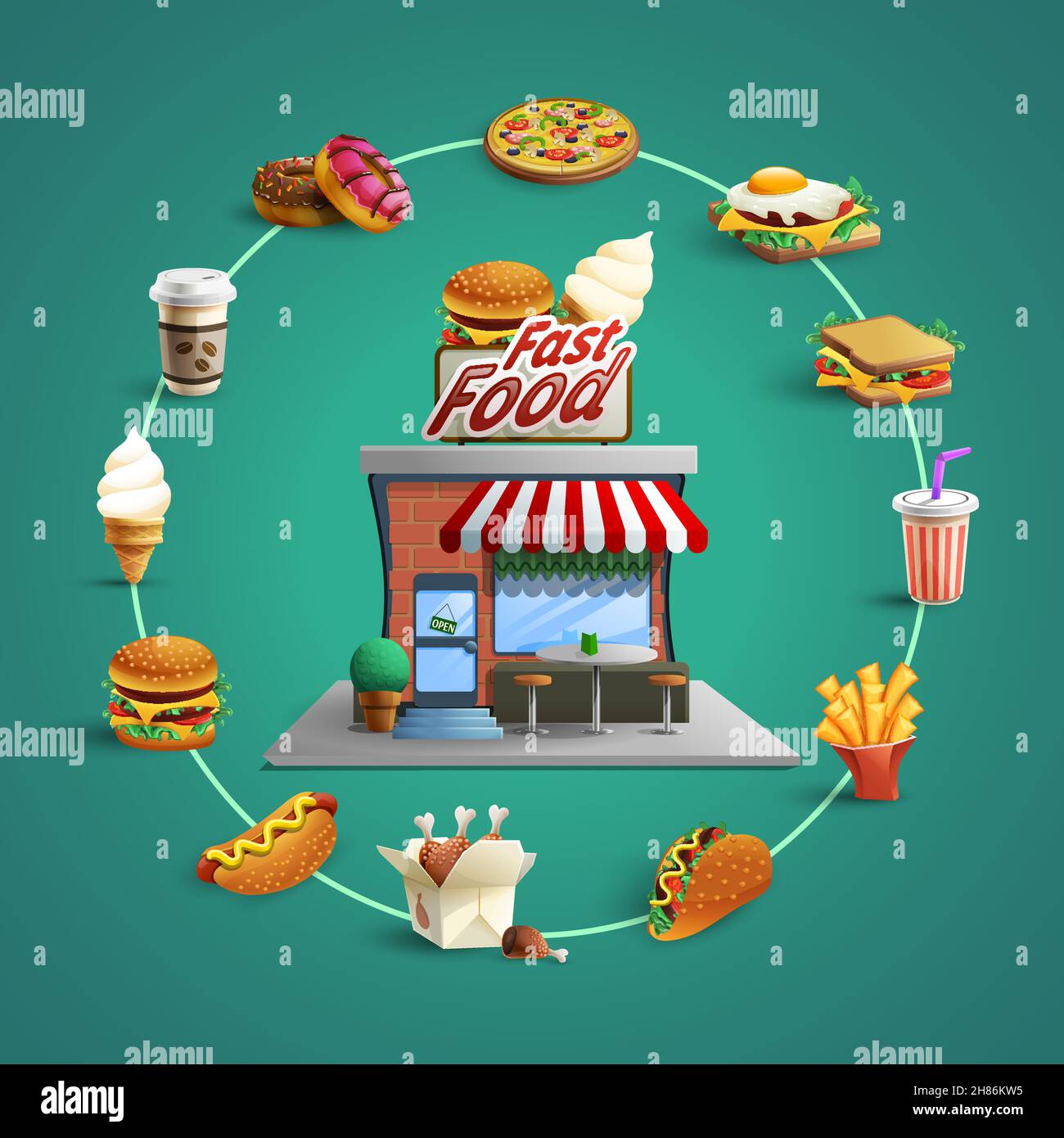 Fast food restaurant concept with circle flat pictograms of frenchfry