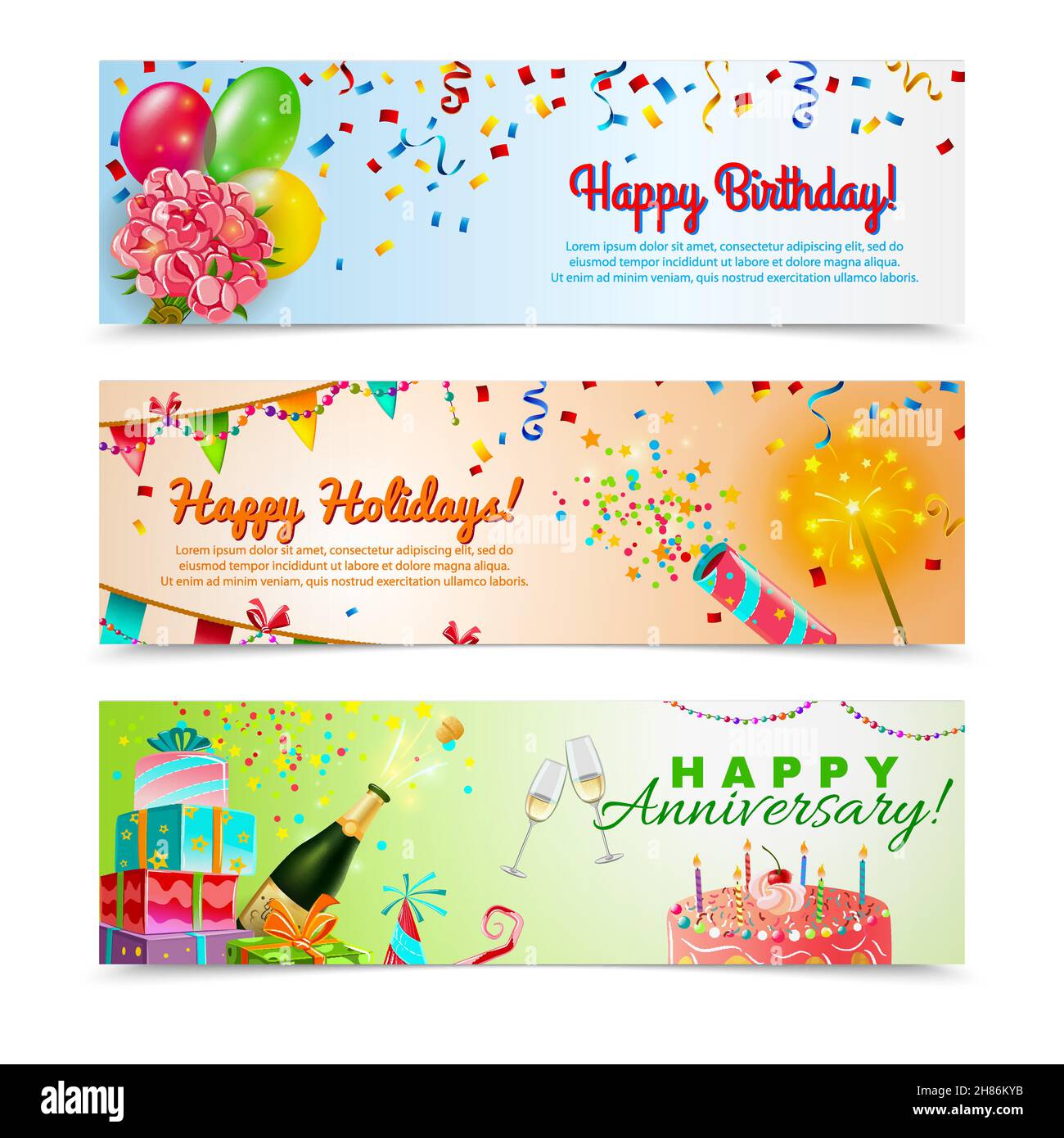 Happy anniversary birthday party celebration in holidays season 3 horizontal festive colorful decorative banners abstract vector illustration Stock Vector