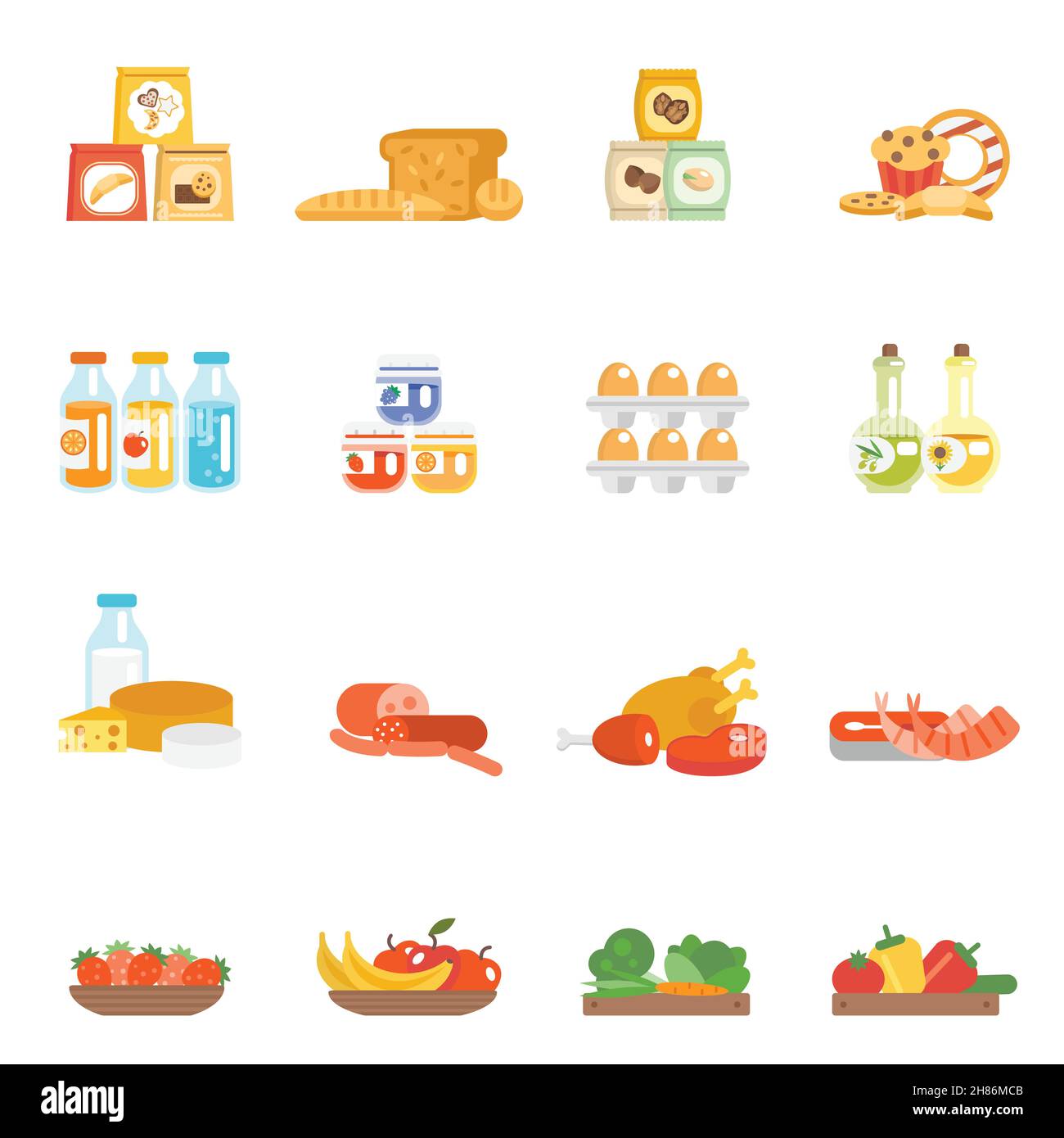 Supermarket food set with meat steak bakery eggs milk products isolated vector illustration Stock Vector
