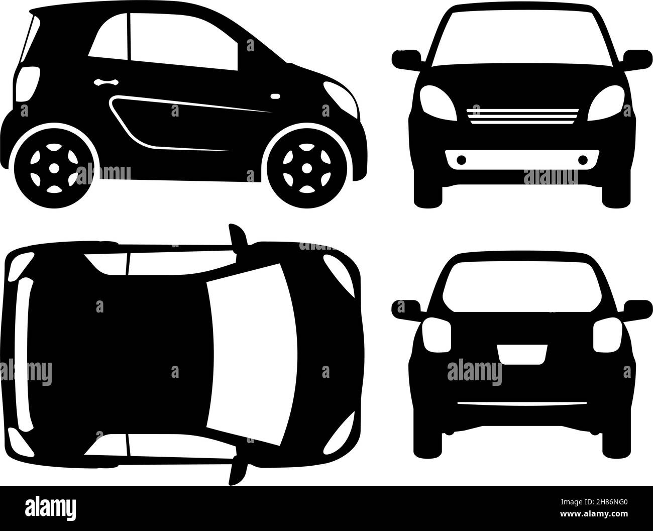 Small car silhouette on white background. Vehicle icons set view from side, front, back, and top Stock Vector