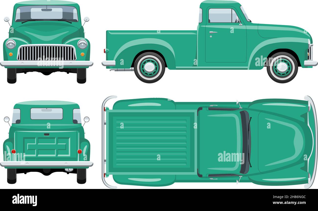 Vintage pickup truck vector template with simple colors without gradients and effects. View from side, front, back, and top Stock Vector