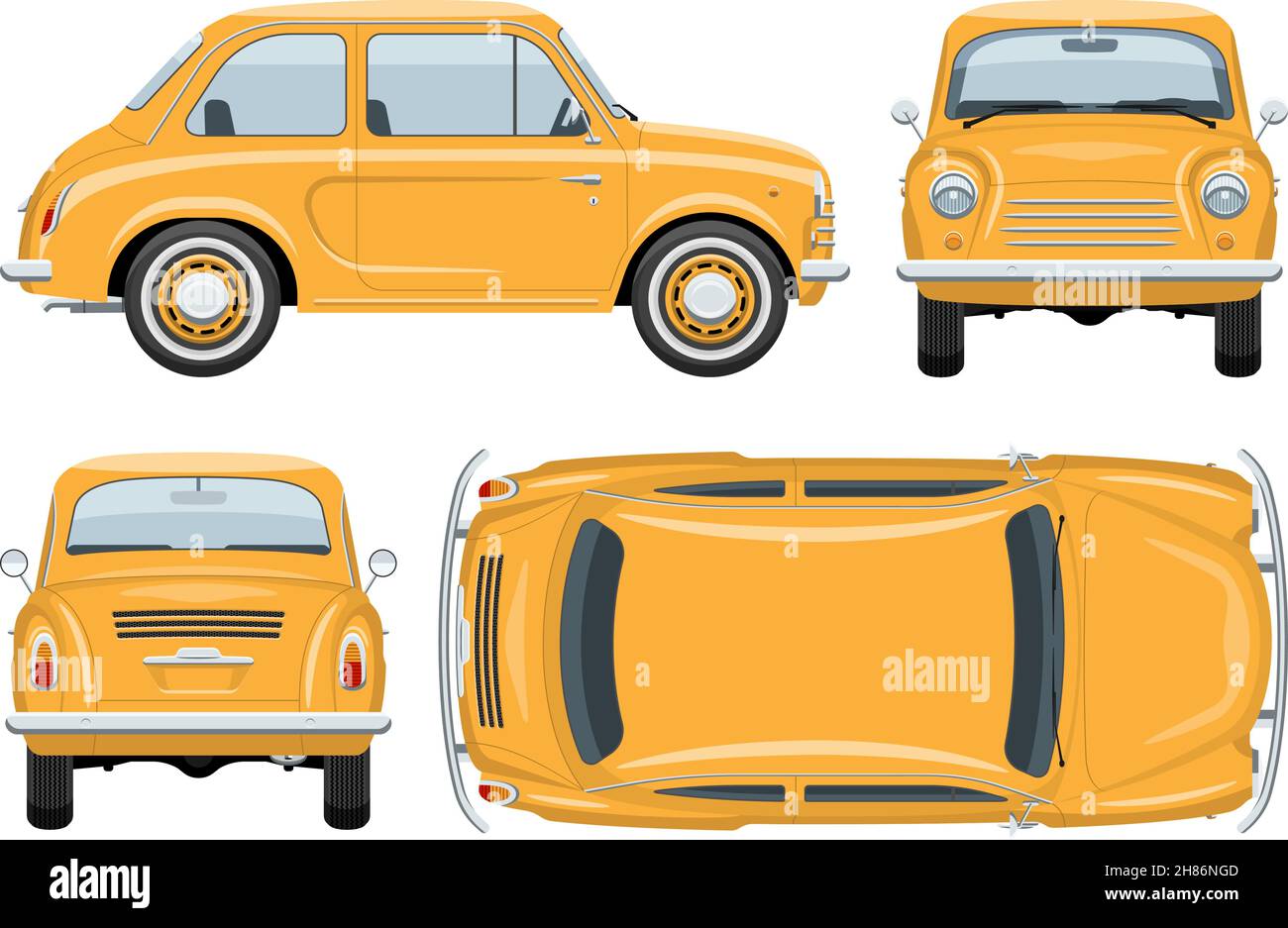 Vintage car vector template with simple colors without gradients and effects. View from side, front, back, and top Stock Vector