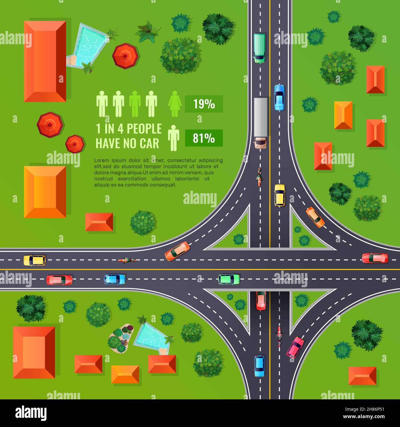 Crossroad with marking top view design with vehicles, buildings, trees, infographic elements on green background vector illustration Stock Vector