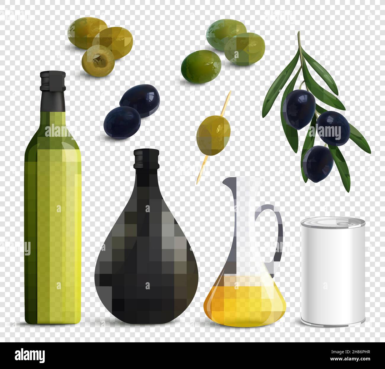 Set of realistic olives and oil in jug, packaging for products isolated on transparent background vector illustration Stock Vector