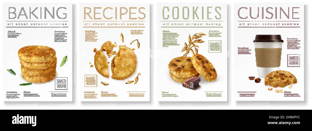 Set of four realistic posters on theme of oat cookies with captions baking recipes cookies and cuisine vector illustration Stock Vector