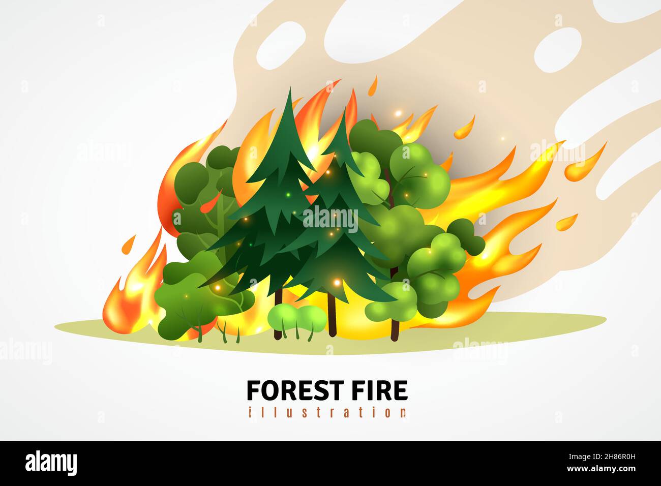 Natural disasters cartoon design concept illustrated green coniferous and deciduous trees in forest on raging fire vector illustration Stock Vector