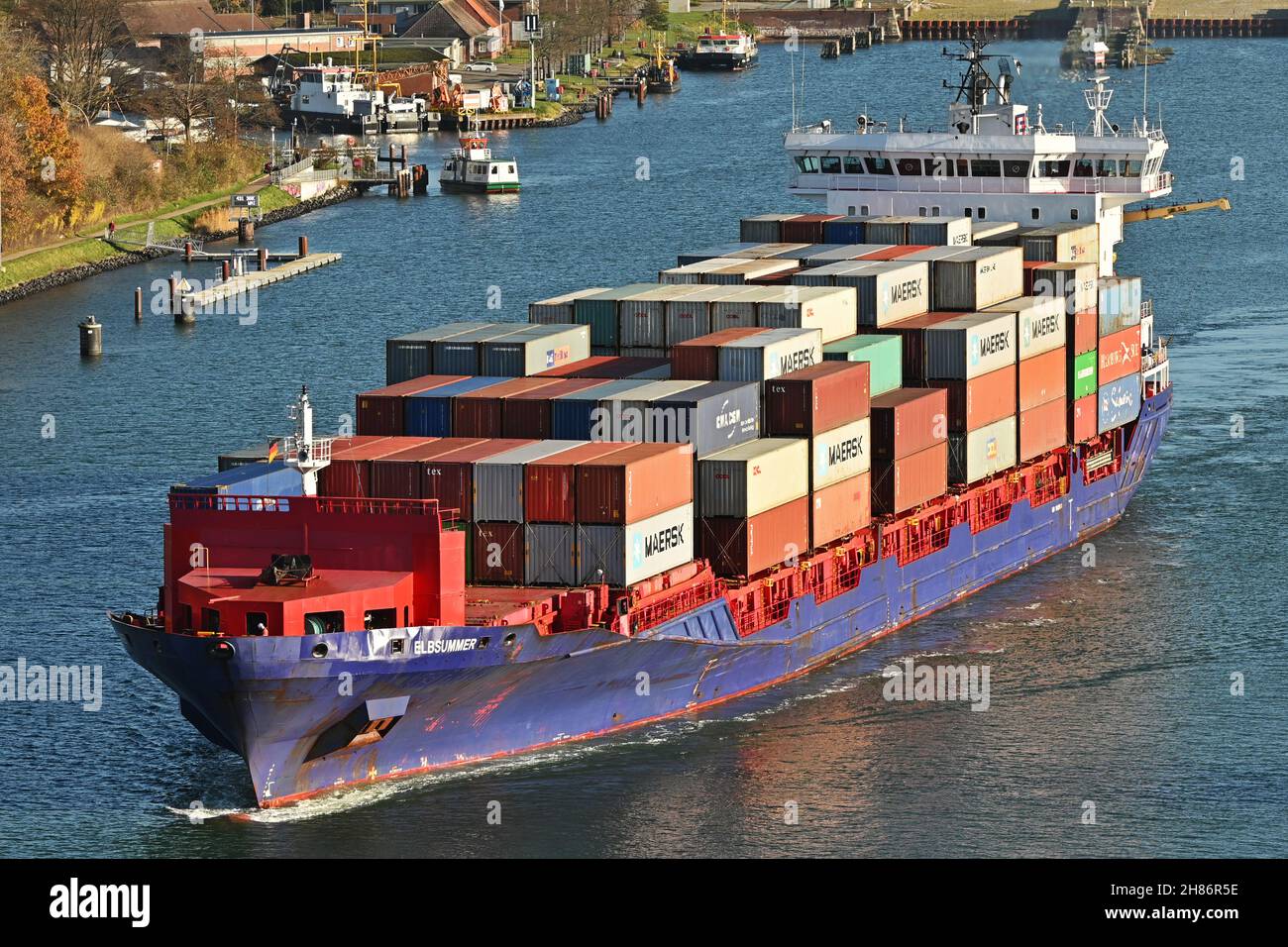 Containership ELBSUMMER passing the Kiel Canal Stock Photo