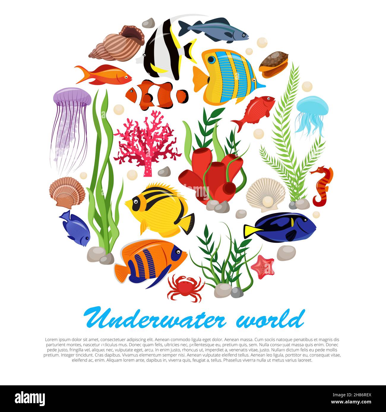 Sea life animals plants poster with isolated icon set combined in big round and underwater world description vector illustration Stock Vector